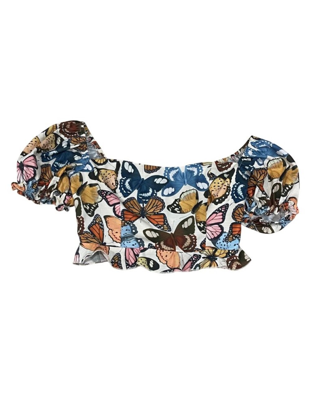 Show Me Your Mumu Lila Butterfly Print Crop Top Women's Size Small Cotton Ruffle